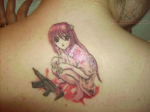 Anime Girl With Gun Tattoo On Upper Back