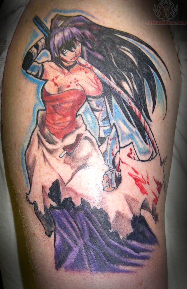 Anime Samurai Girl Tattoo On Half Sleeve
