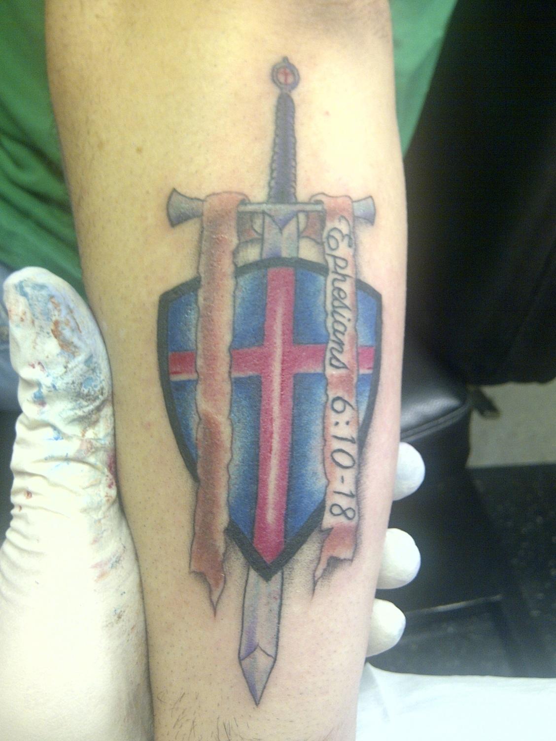 Armor Of God Colored Tattoo On Arm Sleeve
