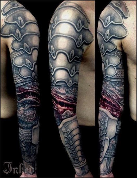Armor With Wound On Sleeve Tattoo