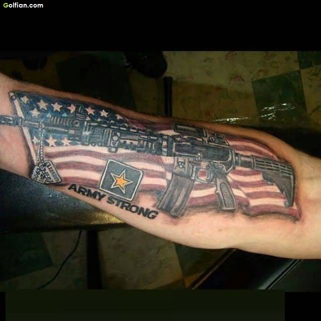 Army Equipment With US Flag Tattoo On Forearm