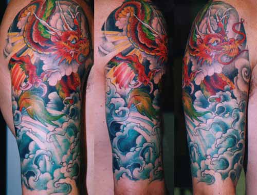 Asian Water Tattoo On Half Sleeve