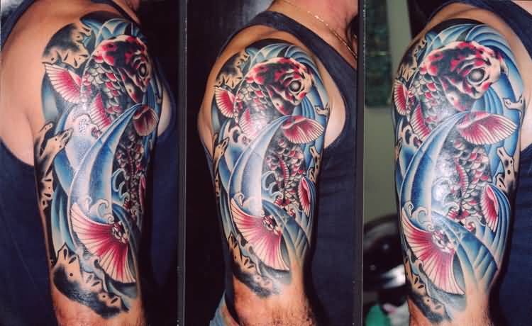 Attractive Koi In Water Tattoo On Half Sleeve By Nick Trammel