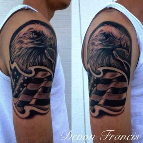 Attractive Patriotic Eagle With US Flag Tattoo On Shoulder