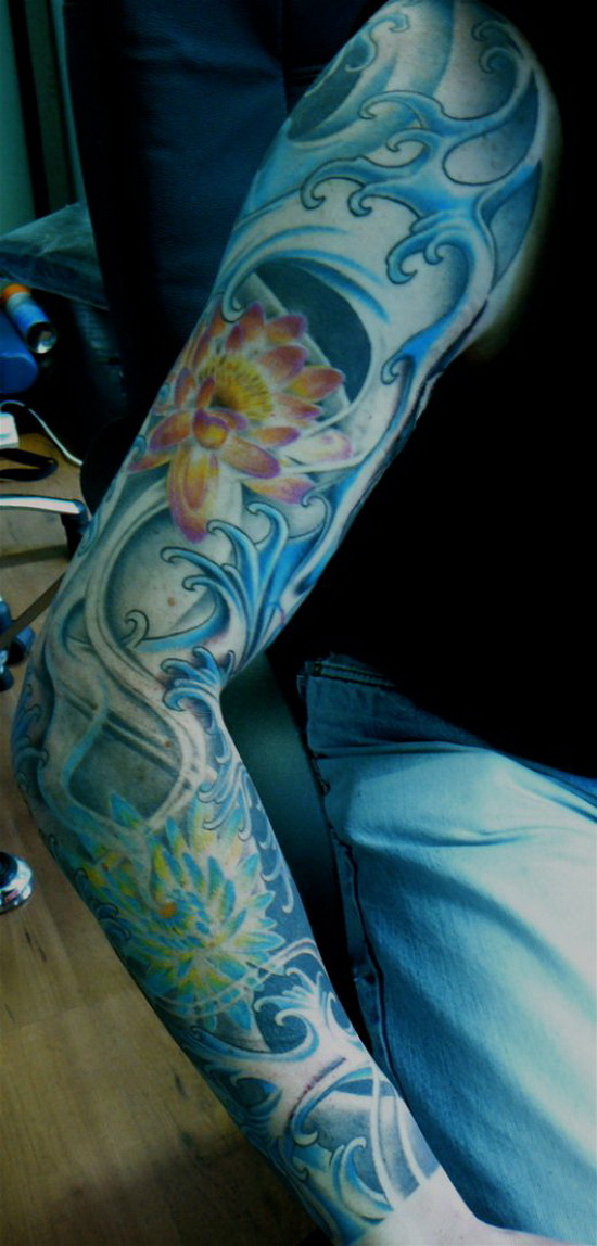 Attractive Water And Flowers Full Sleeve Tattoo