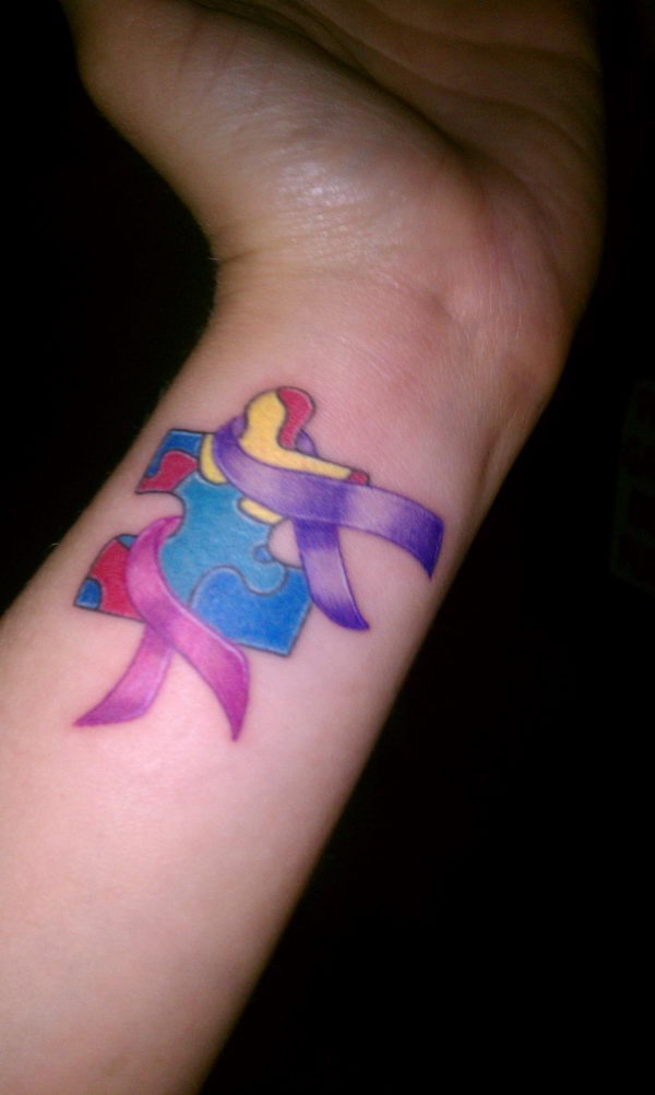 Autism Cancer Awareness Puzzle Tattoo On Wrist
