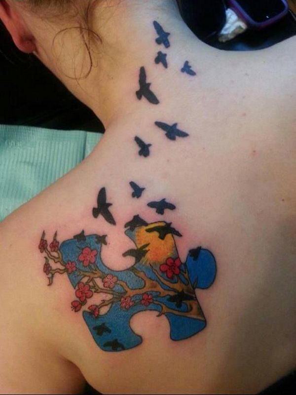 Autism Puzzle Piece And Birds Tattoo On Back Shoulder
