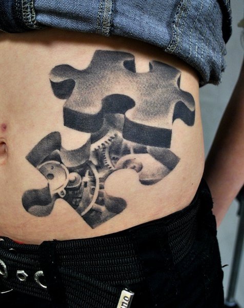 Awesome 3D Mechanical Puzzle Tattoo On Hip