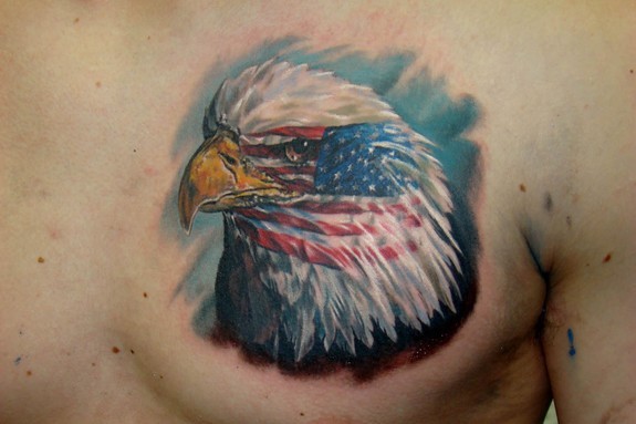 Awesome 3D US Eagle Patriotic Tattoo On Chest