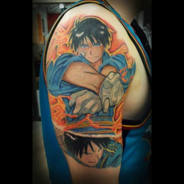 Awesome Anime Boy Tattoo On Right Half Sleeve