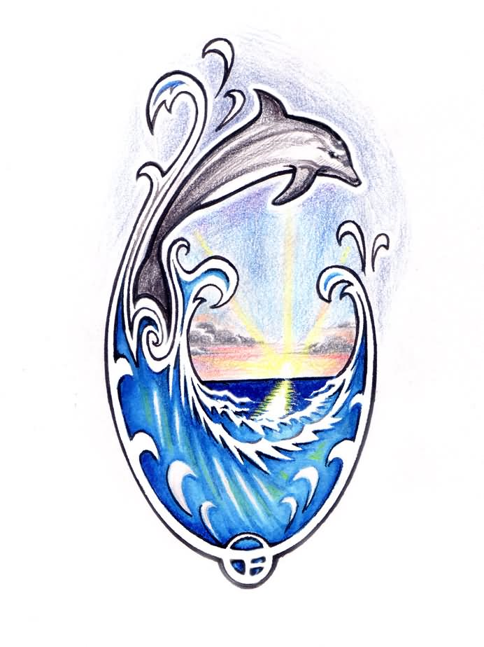 Awesome Dolphin In Blue Water Tattoo Design