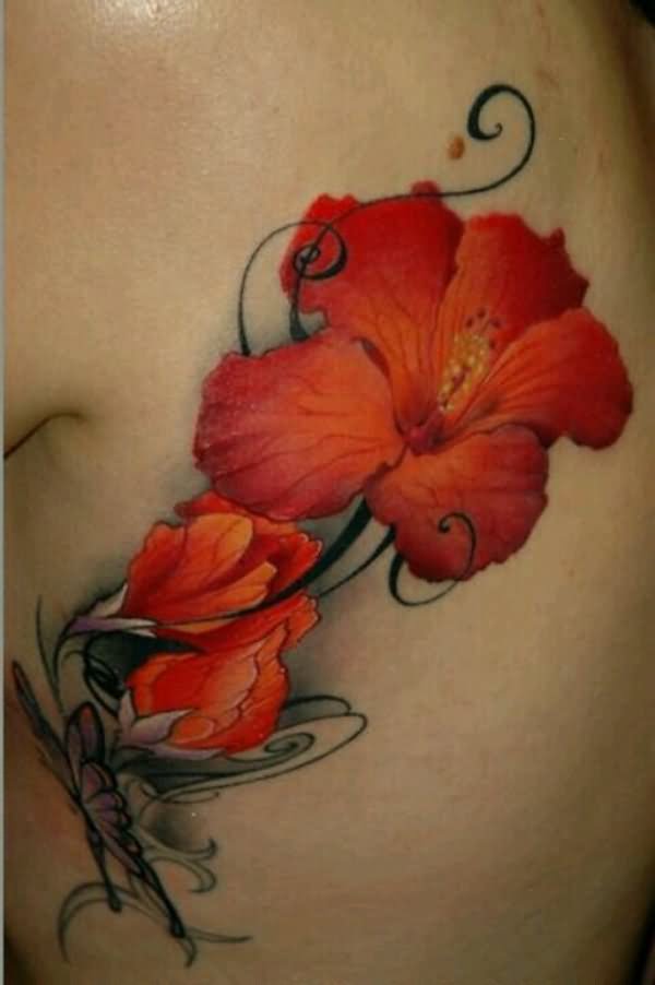 Awesome Hibiscus Flowers Rib Cage Tattoo