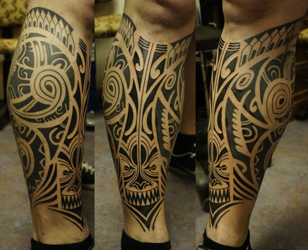 Awesome Maori Tattoo On Back Leg