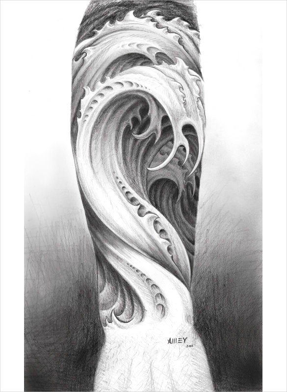 Awesome Mechanical Water Waves Tattoo On Arm Sleeve
