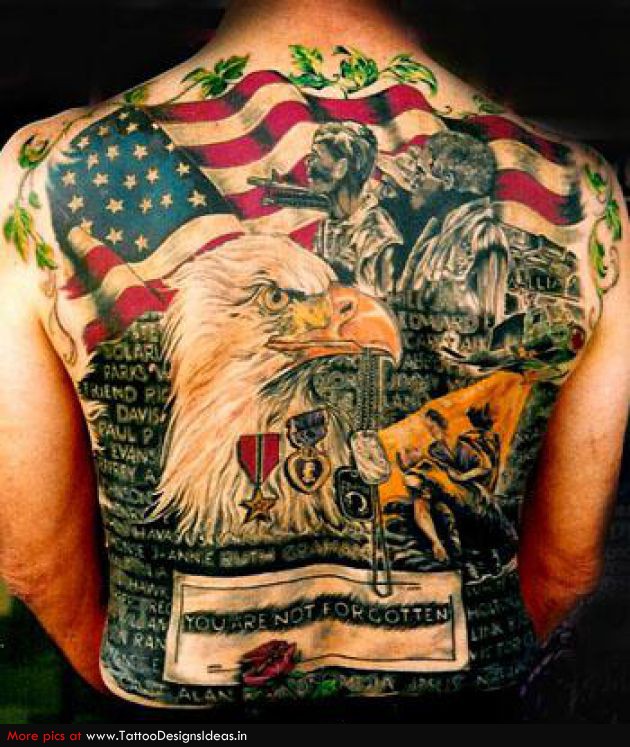 Awesome Patriotic Eagle Family Theme Tattoo On Full Back