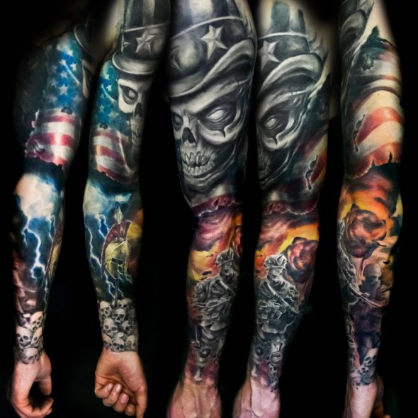 Awesome Patriotic Military Theme Tattoo On Full Sleeve