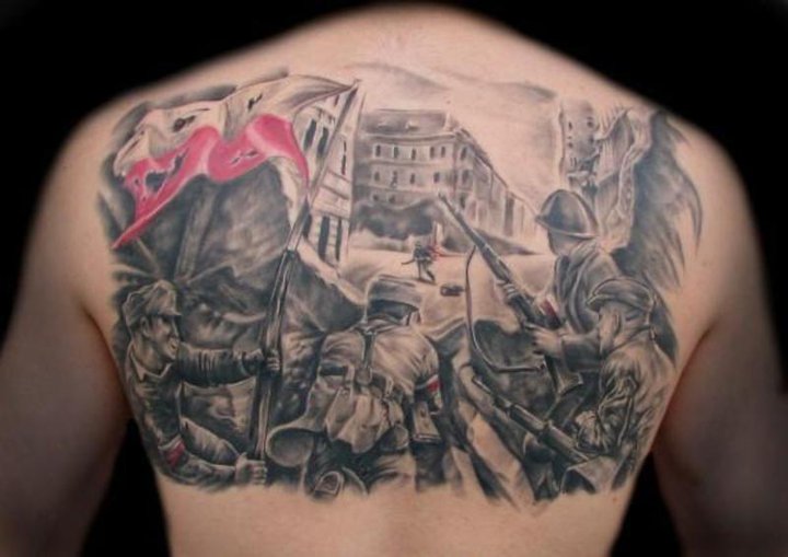Awesome Patriotic Soldiers Tattoo On Upper Back