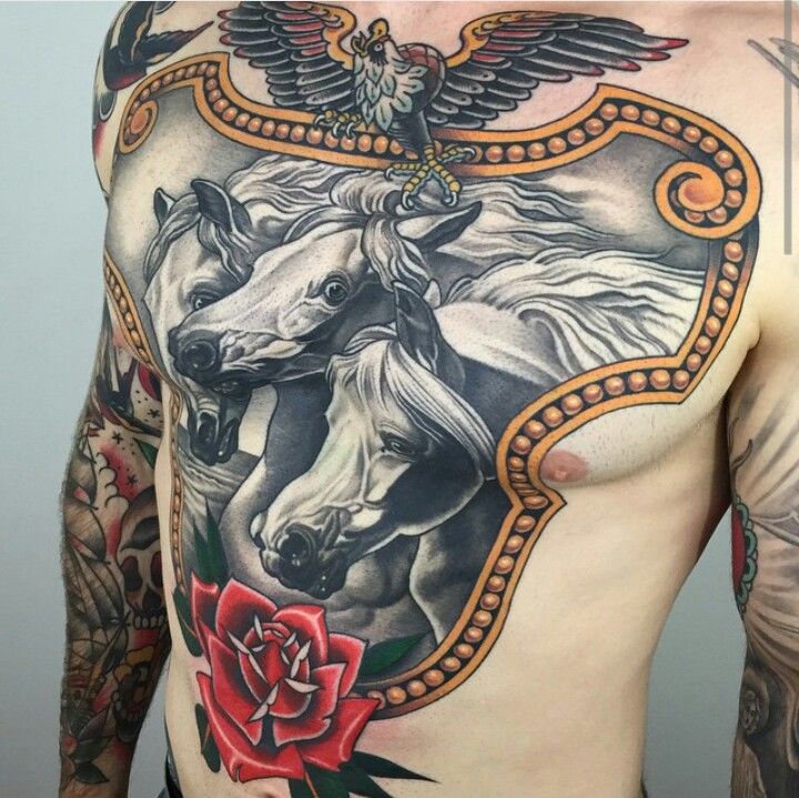 Awesome Pharaohs Horses Chest Armor Tattoo