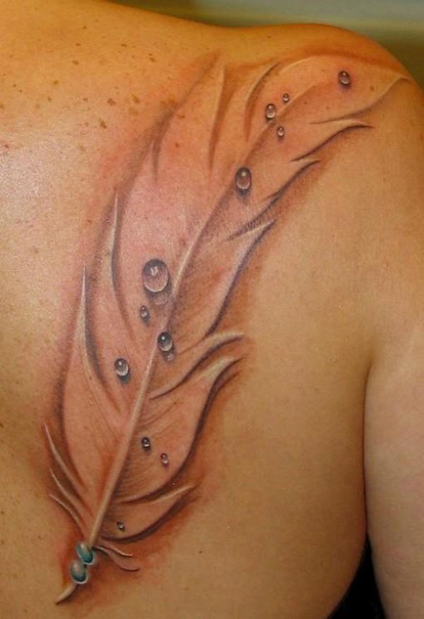 Awesome Realistic Water Drops On Feather Tattoo On Back Shoulder