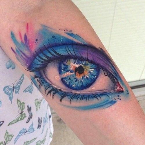 Beautiful 3D Water Color Eye Tattoo On Arm Sleeve
