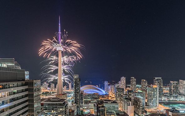 Beautiful Fireworks On CN Tower In Ontario, Canada