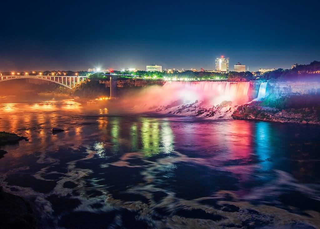 Beautiful Lights At Niagara Falls During Night