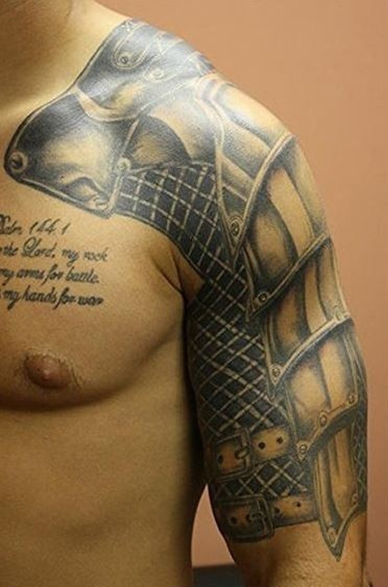 Beautiful Medieval Armor Tattoo On Upper Arm