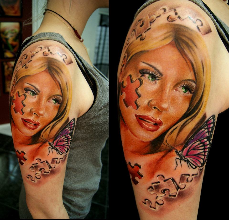 Beautiful Puzzle Girl With Butterfly Tattoo On Half Sleeve By Moni Marino