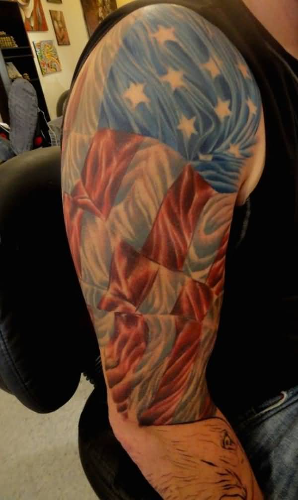 Beautiful US Patriotic Flag Tattoo On Half Sleeve