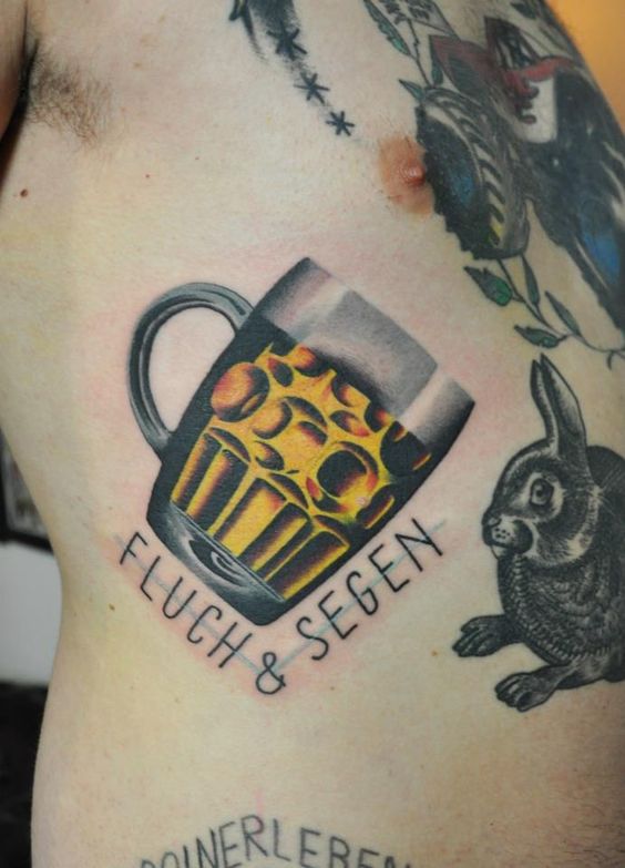 Beer Glass And Rabbit Tattoo On Side Rib By Marcin Aleksander Surowiec