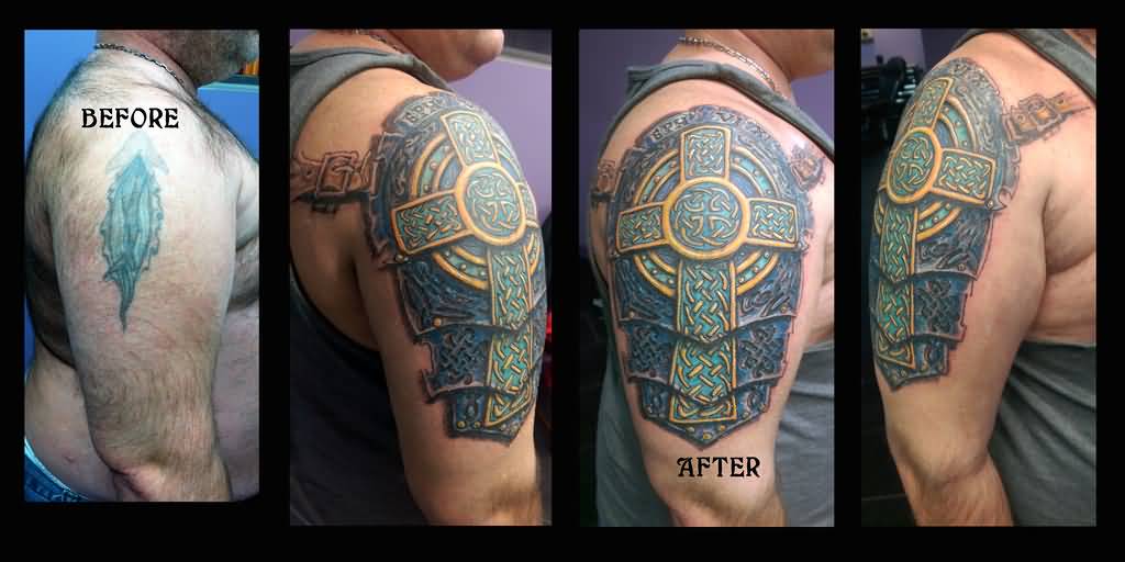 Before And Armor Of God Tattoo On Half Sleeve