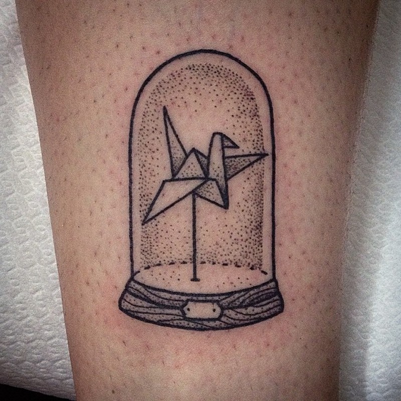 Bid Shaped Paper Glass Dome Tattoo On Leg