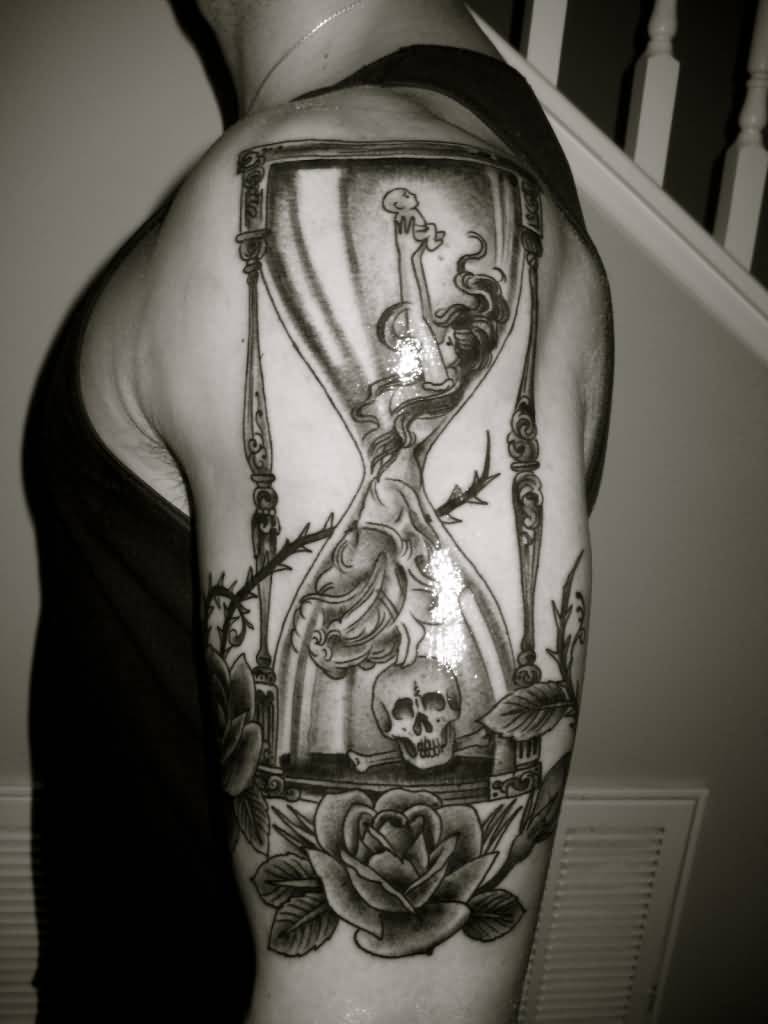 Big Life And Death Hourglass Tattoo On Half Sleeve