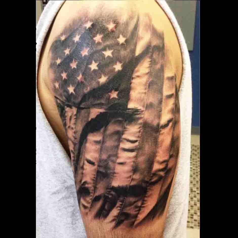 Black American Flag Patriotic Tattoo On Half Sleeve