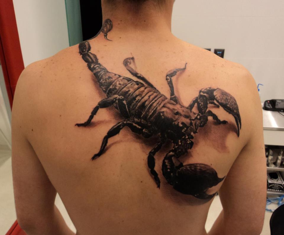 Black Ink 3D Scorpio Tattoo On Upper Back