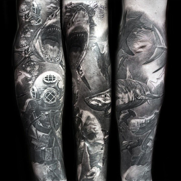 Black Ink Ocean Water Tattoo On Sleeve For Guys