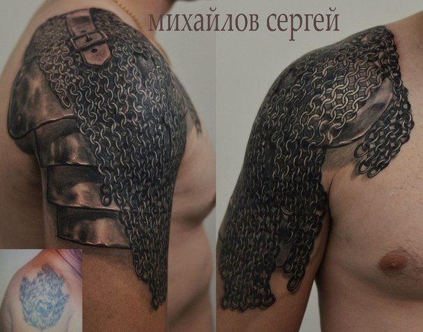 Black Realistic Shoulder Knight Armor Tattoo