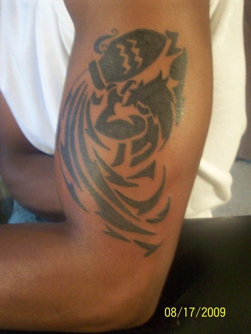 Black Tribal Water Bearer Aquarius Tattoo On Half Sleeve