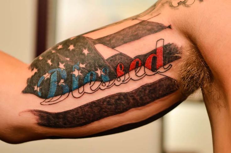 Blessed America Flag Tattoo On Biceps