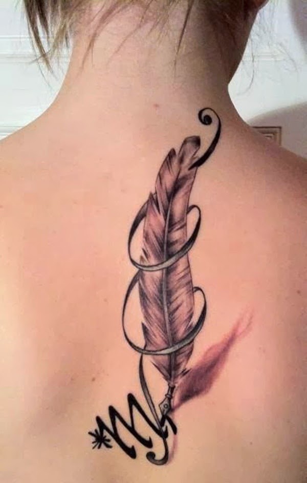 Brilliant 3D Scorpio Feather Tattoo On Upper Back For Girls