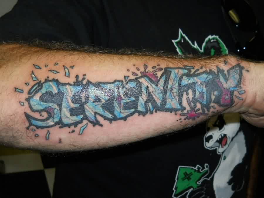 Broken Glass Serentiy Word Tattoo On Arm Sleeve