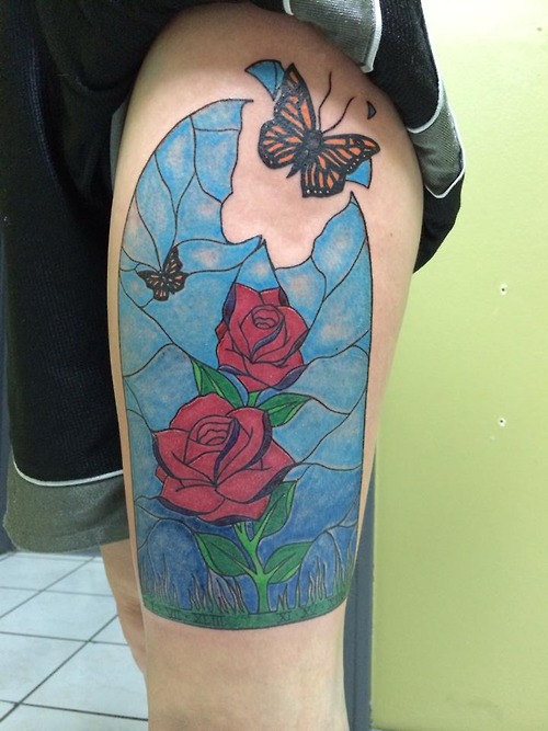 Broken Rose Stained Glass With Butterfly Tattoo On Left Thigh