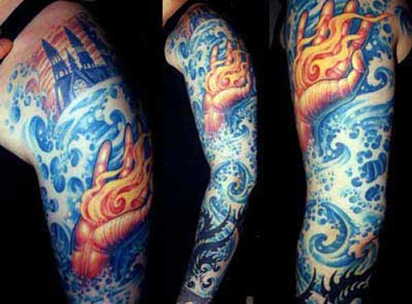 Burning Hand In Water Tattoo On Full Sleeve By Guy Aitch