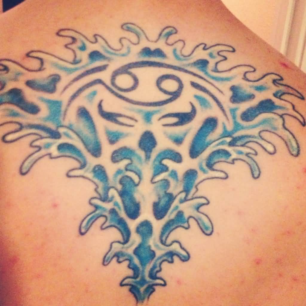 Cancer Sign Water Tattoo On Upper Back