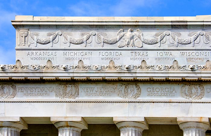 Carvings On The Front Facade Of The Lincoln Memorial