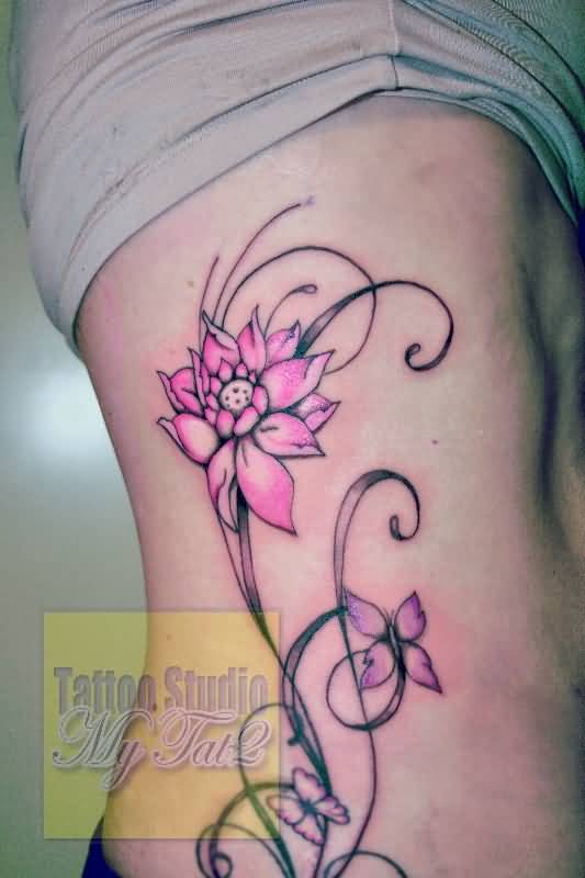 Charming Lotus Flower Tattoo On Rib Cage