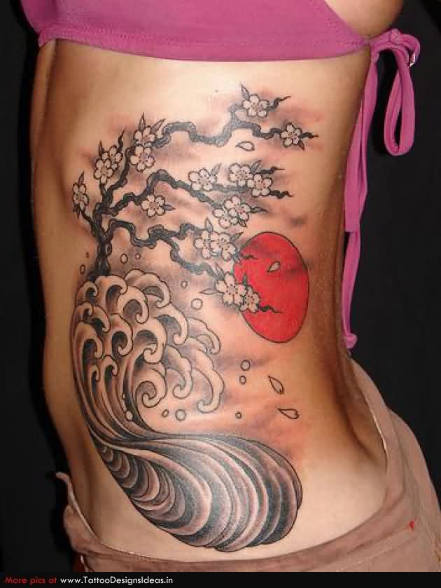 Cherry Tree And Sun Tattoo On Rib Cage