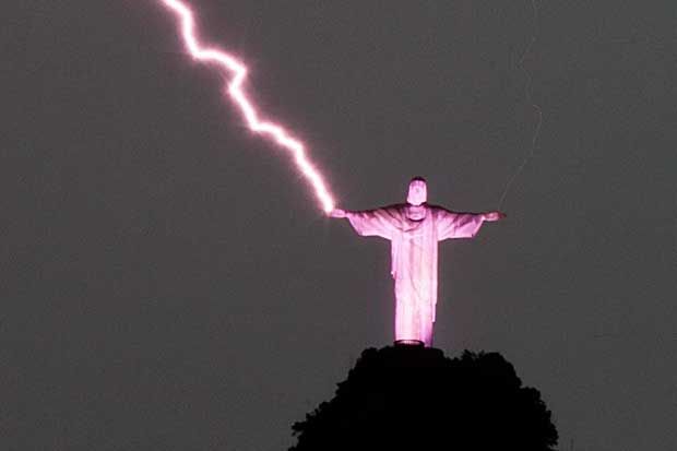 Christ the Redeemer With Lightning At Night