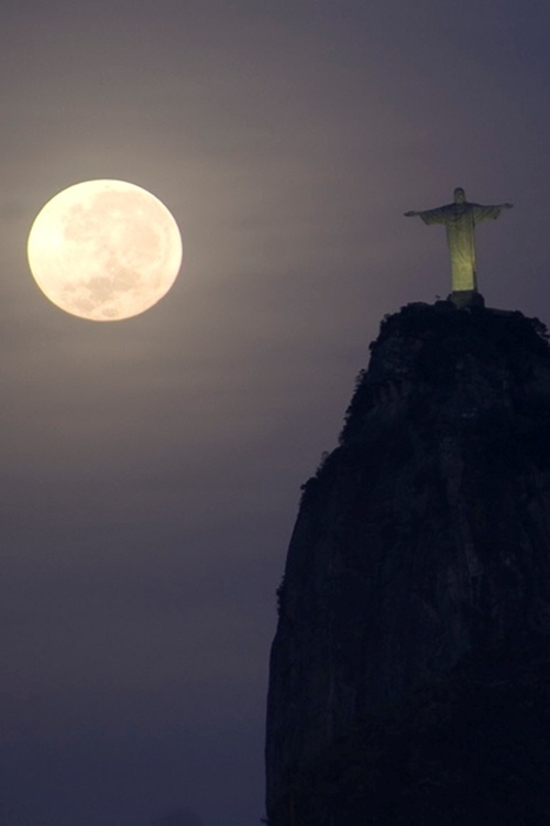 Christ the Redeemer With Super Moon At Night