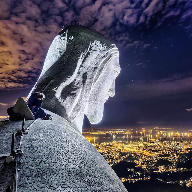 Closeup Of The Christ the Redeemer Head At Night
